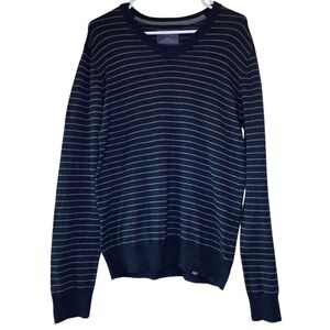 Aeropostale Men's M Striped V-Neck Sweater Navy Blue Gray A87 Wool Blend Knit